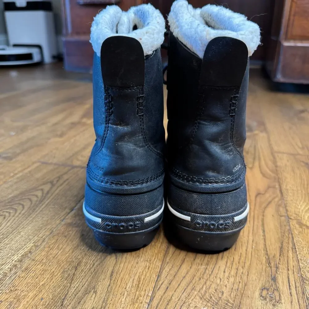 Crocs Allcast II Black Leather Duck Boots 203430 Womens Sz 8 Sherpa Lined